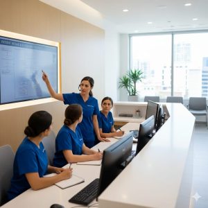 Medical practice consultant providing Xestro training to administrative staff on a digital screen at a modern reception desk.
