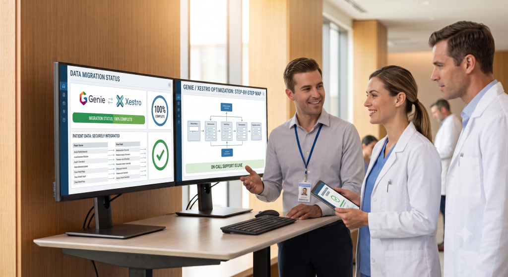 Specialist practice team reviewing medical software implementation workflows