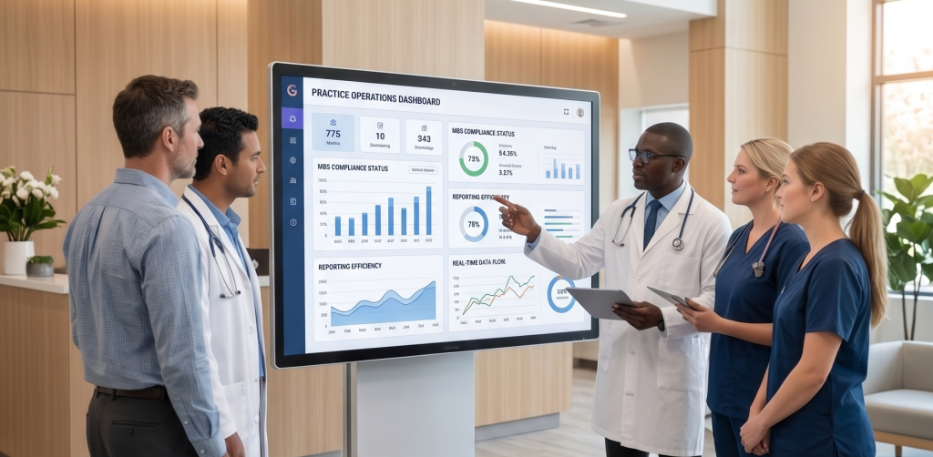 A specialist practice team of doctors and administrative staff reviewing their newly configured clinical software dashboard by MedicalSPS on a large interactive screen.